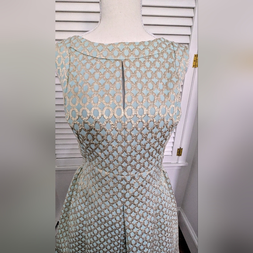 LAUREN Ralph Lauren semi-formal Dress Blue Silver brocade geometric 10 - Picture 3 of 8